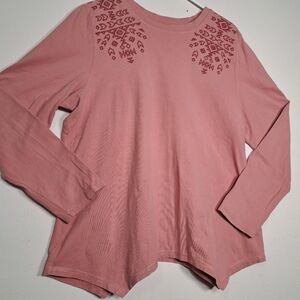 Denim & Co Rose Pink Embroidered Western Long Sleeve Top L Aztec Southwestern